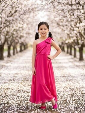 Girls One-Shoulder Fuchsia Dress with Bow Shoulder Detail